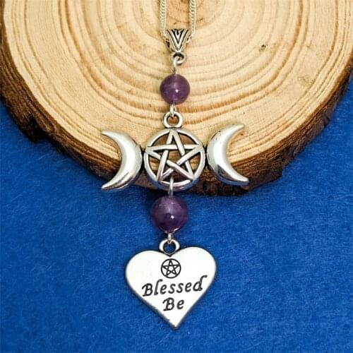 2020Fashion Wicca Triple Moon Witchcraft Pentagram Purple Beads Pendant Necklace For Womens Jewelry Gifts