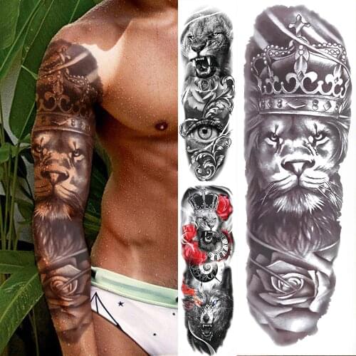 Fake Temporary Tattoos Sleeve For Men Women Full Arm Lion Black Flower Tattoos Sticker Warrior Tiger Demon Eye Body Art Tatoos