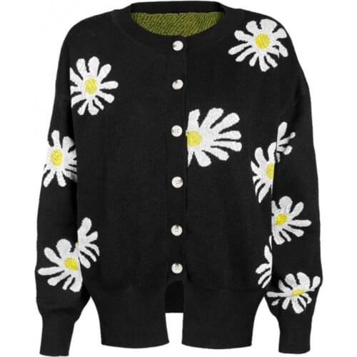 Womans Jacket Coat Long Sleeve Marguerite Print Daisy Sweater Cardigan Autumn Knitted Soild Color 2021 Top for Women Clothing
