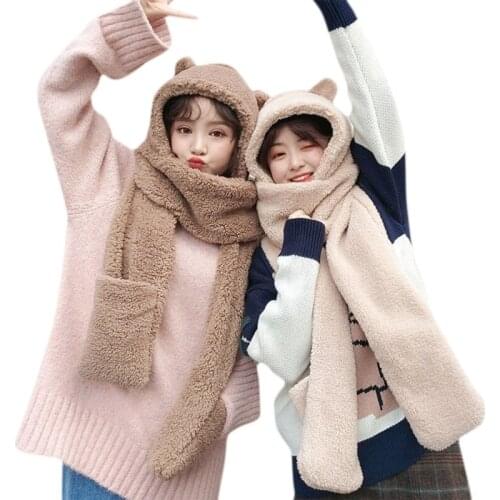 Women Winter Warm Plush One-Piece Hat Scarf Bear Ears Thermal Hooded Earflap Cap F3MF