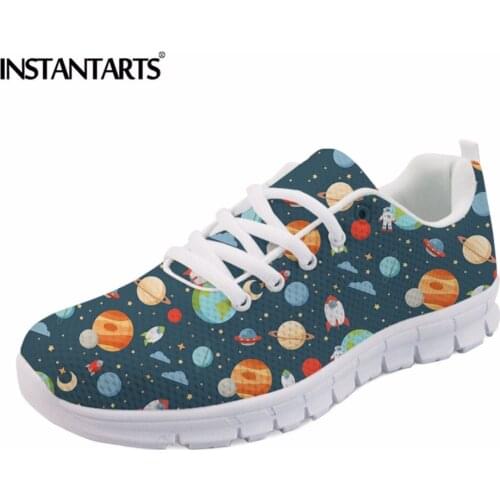 INSTANTARTS Women Galaxy Sneakers Casual Cartoon Space Plants Pattern Flat Shoes Breathable Lace Up Female Mesh Walking Flats