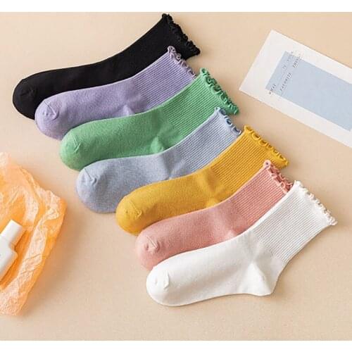 Socks Women Harajuku Retro Vintage Short Socks Lolita Frilly Ruffle Cotton Socks Girls Solid Ankle Sock Woman White Black Sox
