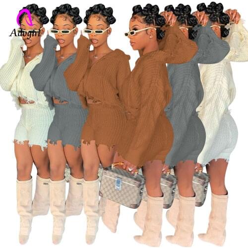 Tassel Women 2 Piece Set Solid Long Sleeve Zipper Fly Hooded Sweater + Slim Shorts Matching Set 2021 Autumn Workout Activewears