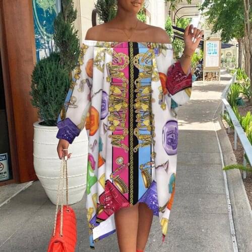 Autumn Casual Long Sleeve Color Printed Women Party Dress Elegant Slash Neck Loose Pullover Dress Spring Fashion Irregular Dress