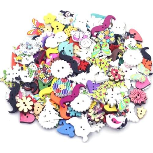 30PCS Mixed Wood Sewing Buttons 2 Holes Floral Heart Tree Star Baby DIY Crafts Scrapbook Clothes Gift Decor Knitting Accessories