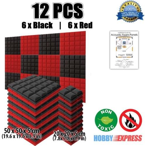 Arrowzoom 12 pcs Set Black and Red Hemisphere Grid Acoustic Panel Sound-Absorbing Studio Foam KK1040