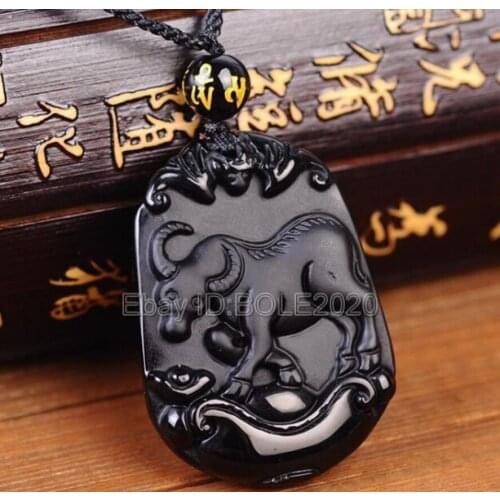 Free Shipping Natural Black Obsidian Carved Chinese Zodiac OX Lucky Pendant + Rope Necklace