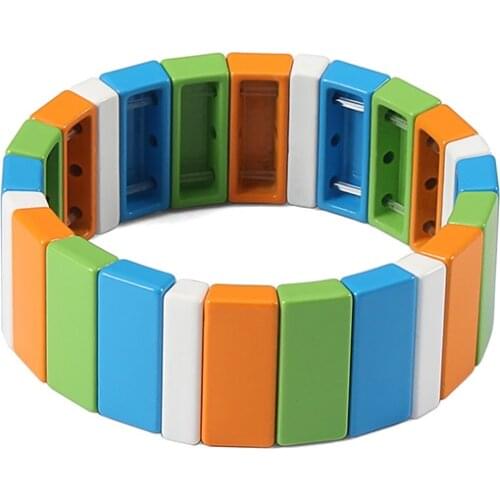 Small Size Kids Enamel Tile Bracelet Rainbow Elastic Younger Stackable Tile Bracelet Bohemia Valentines day girl friend Gift