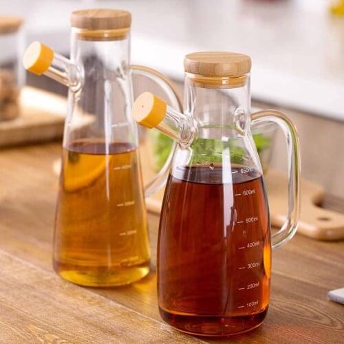 580/700ML Glass Olive Oil Dispenser Cruet Leak-proof Vinegar Oil Bottle with Scale Vinegar Soy Sauce Bottle with Wood Plug