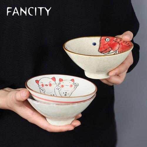 FANCITY Japanese-style ceramic tableware underglaze hand-painted 5 inch tall feet bowls dessert bowl home rice bowl small soup b