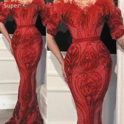 SuperKimJo Red Evening Dresses Long Mermaid Sequin Applique Feather Luxury Bling Evening Gown Vestido De Festa Longo