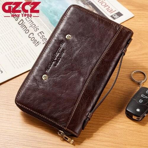 GZCZ New Fashion Men Clutch Purse Genuine Leather Long Male Wallet Quality Money Portomonee Handbag Zipper Walet Pocket Famous