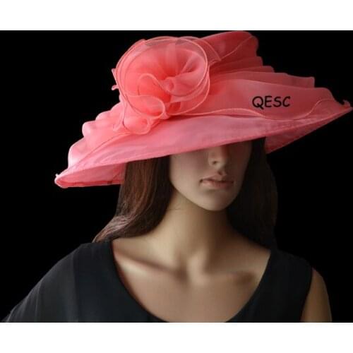 Wholesale Elegant NEW 4 colours pink big organza hats bridal with feathers for wedding womens hat/races/party/church