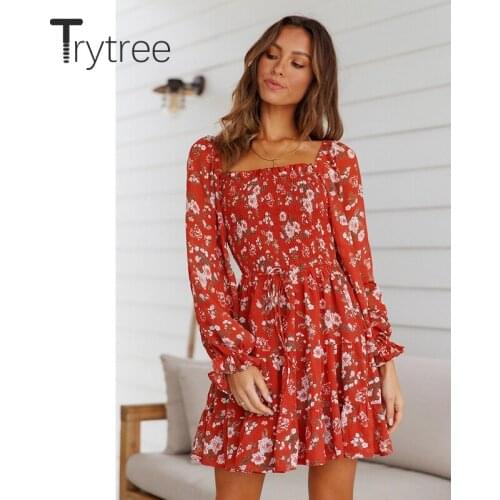 Trytree Autumn Womens Dress Casual Elastic Bust Long Sleeve Flowers Exotic Sundress A-Line Elegant Dresses for Women 2021