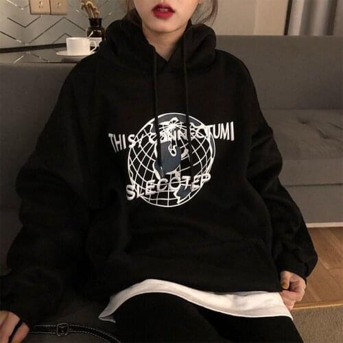 Plush And Thickened College Style Sweatshirt Womens Autumn / Winter Korean Loose And Versatile Hooded Print Top Em