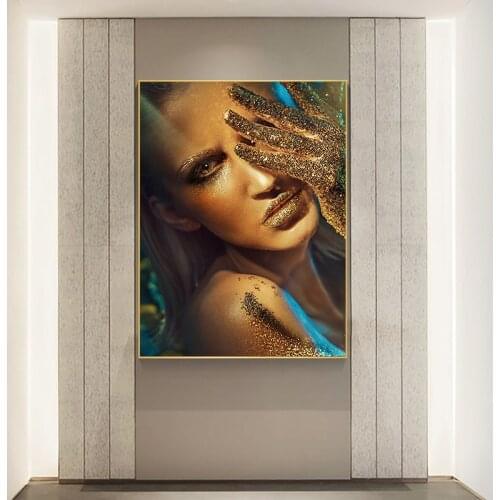 Sexy Woman With Golden Oil Painting on Canvas Cuadros Posters and Print Scandinavian Wall Art Picture for Living Room Home Decor
