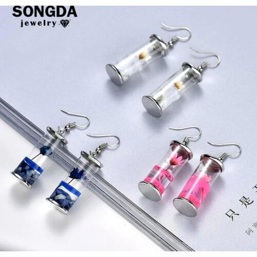 SONGDA Cute Real Dried Flowers Handmade Drift Bottle Earrings Long Pendant Drop Earrings Female Vacation Beach Jewelry Wholesale