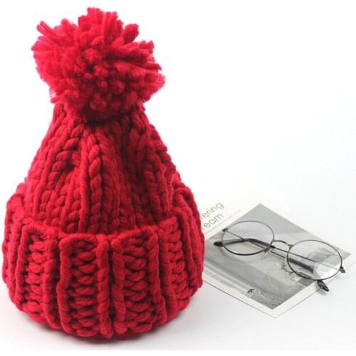2019 Winter Women Coarse Woolen Pom Pom Knitted Beanie Hat Stylish Warm Thicker Skullies Hats Bonnet Solid Beanies