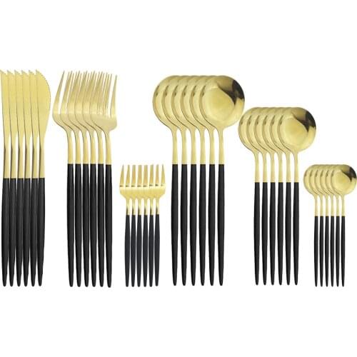 36Pcs Black Gold Tableware Sets Knife Cake Coffee Tea Fork Spoon Cutlery Set Stainless Steel Flatware Set Dinnerware Kitchen