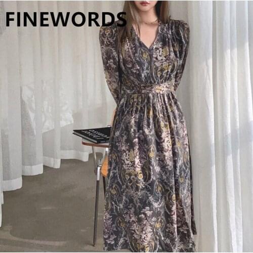 FINEWORDS 2021 V Neck Long Sleeve Elegant Dress Korean Casual Vintage Spring Dresses Palace Style Floral Knee Length Midi Dress