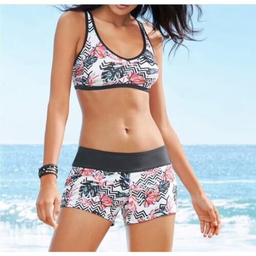 Vintage Two Piece Swimsuit Floral Bikinis Women Splicing Push Up Bikini Set With Shorts Stripe Brazilian Swimwear Bathing Suits