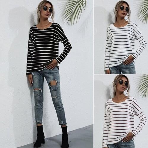 Striped T-Shirt Women Casual Cotton Stretchy Long Sleeve Spring Autumn Tops Tee