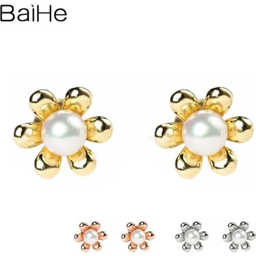 BAIHE Solid 14K Yellow/Rose/White Gold 4-4.5mm Natural Freshwater Pearl Earrings Wedding Trendy Fine Jewelry Flowers Stud Women