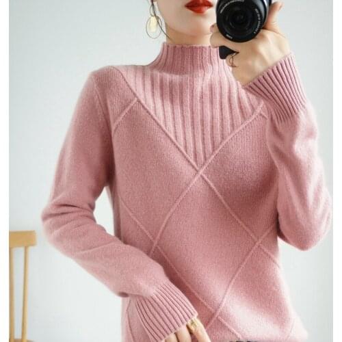 Large size high quality cashmere sweater womens half high neck pullover loose long-sleeved 100% pure wool sweaterhome style New