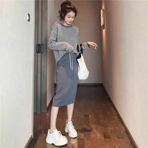 2021 Women Spring 2 Piece Suit Ladies Knitting Striped Long Sleeve O Neck Tops and Mini Skirt Sexy Set Female Loose Clothing O29
