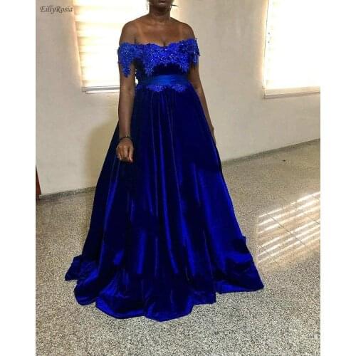 Royal Blue Velvet Evening Dresses Appliques Empire A Line Floor Length Off the Shoulder Evening Gowns abiti da cerimonia da sera