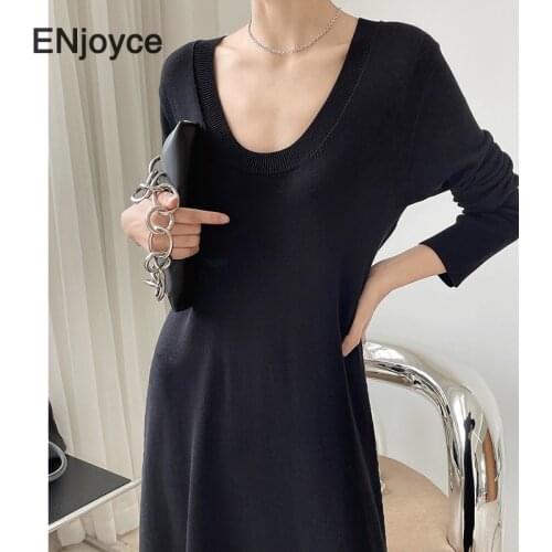 Women Vintage Big U-Neck Knitted Long Dress Korean Style Slim Long Sleeve Elegant Pullover Stretch Maxi Dress Spring Summer 2021
