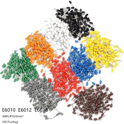 100pcs E6010 E6012 E6018 Tube Insulated Ferrules Terminal Block Cord End Wire Connector Crimp Terminator For 6mm2 , 10 AWG