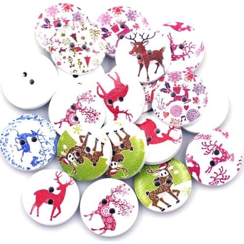 30PCS 20mm Round Wood Buttons 2 Holes Christmas Theme Elk Handmade Clothes Scrapbook Knitting Bag Gift Decor Sewing Accessories