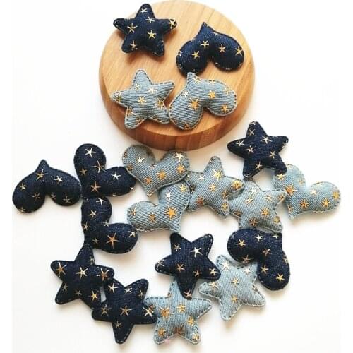 5 Cm Denim gold little star Love Heart Padded Patches Appliques Ornaments DIY Craft Supplies Kids Hair Pin Accessories Material