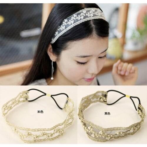 White Lace Flower Cloth Artificial Pearl Hairband Headwear Hair Accessories for Women