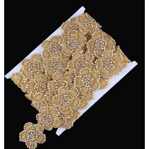 1Yard Gold Design Handmade Beaded Rhinestone Applique Trim Hot Fix Crystal Chain Trimming For Girl Wedding Dress/Belt/Shoes