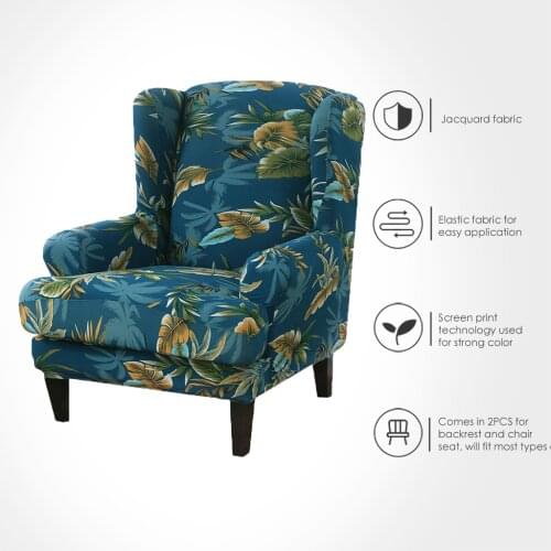Cover for Wing Chair Printed Spandex Stretch Wingback Chair Slipcovers 2 Piece Set With Elastic Band