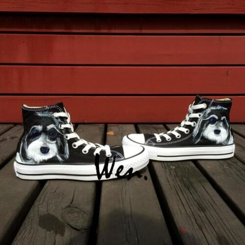 Wen Design Custom Shoes Hand Painted Pet Dog Chrysanthemum Men Womens High Top Black Canvas Sneakers