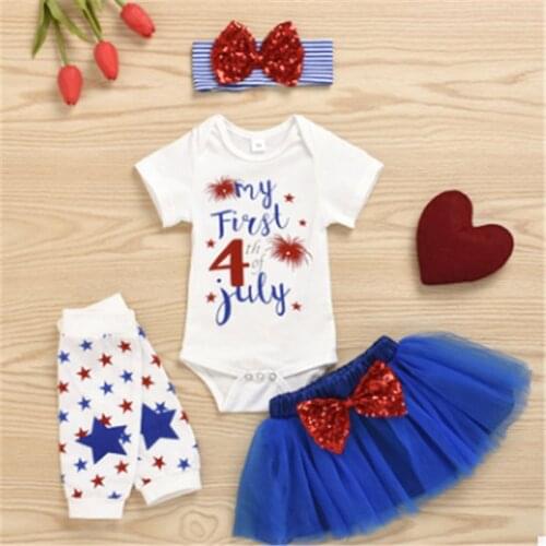 Baby 4Pcs Summer Clothing Girls Clothes Set Fourth of July Letter Print Romper Bodysuit Tulle Skirts Outfit Independence Day
