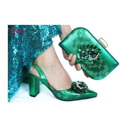 Doershow new Shoes and Bag Set African Sets 2019 green Color Italian Shoe Bag Set Decorated with Rhinestone High Quality! HAC1-17
