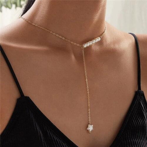 HuaTang Long Tassel Chains Star Pearl Choker Necklace for Women Elegant Gold Color Clavicle Chain Female Jewelry on the Neck