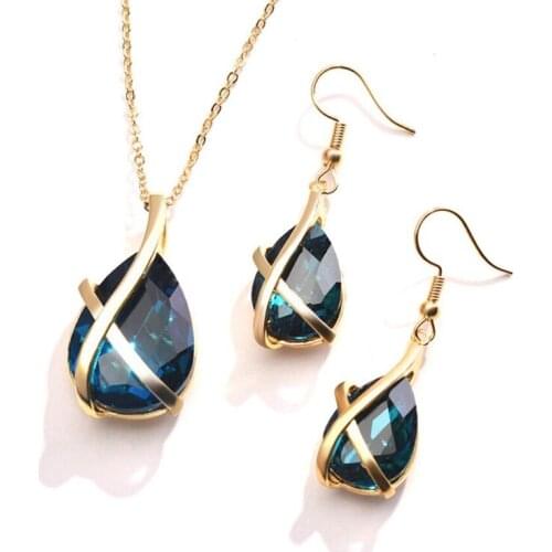 KOFSAC New Fashion 925 Silver Jewelry Sets For Women Exquisite Blue Crystal Golden Earring Necklace Set Female Anniversary Gifts
