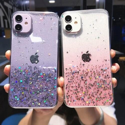 Glitter Star Sequins Soft Bling Clear Phone Case For iPhone 11 Pro Max 12 Mini XS XR X 7 8 Plus SE 2020 Transparent Powder Cover