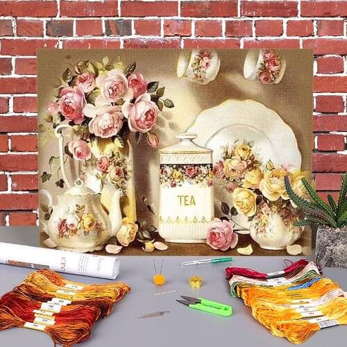 Flower Pre-Printed 11CT Cross-Stitch DIY Embroidery Kit DMC Threads Craft Handiwork Sewing Needlework Home Decor Stamped
