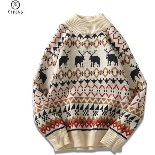 New Christmas Men Sweater Knitwear Printed Deer Streetwear Jersey Pull Homme Half Turtleneck Vintage Sweater Man Pull Sweater