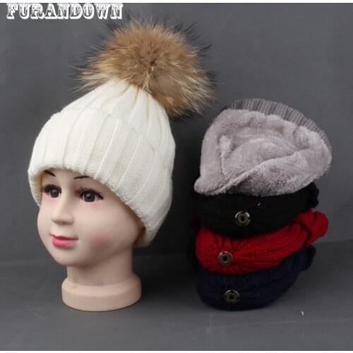 Age 3-8 Winter Hats For Children Fleece Inside Winter Cap Kids Beanie Real Fur Pompom Hat Striped Knitted Beanies