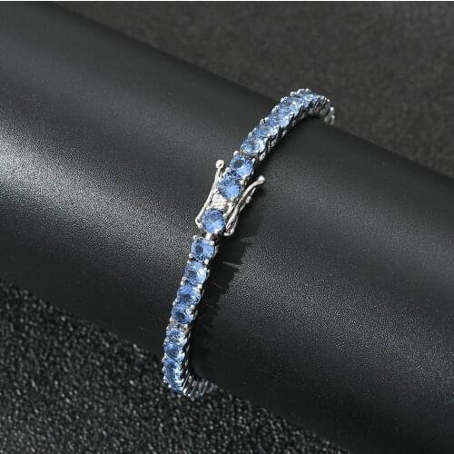 4mm Iced Out Bling AAAA+ Blue Zircon 1 Row Tennis Chain Bracelet Women Hip hop Silver Color Charms Jewelry