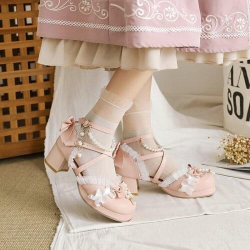 Pearl Girls Lolita Mary Janes Shoes Bowknot 2021 Spring JK Japanese Cosplay Student Dress Party Pumps Women 34-48 Pink