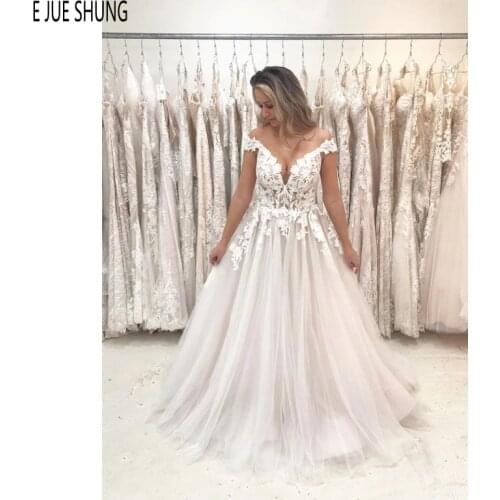 E JUE SHUNG Boho Wedding Dresses Off Shoulder Sexy V Neck A Line Lace Appliques Sleeveless Wedding Gowns robe de mariage