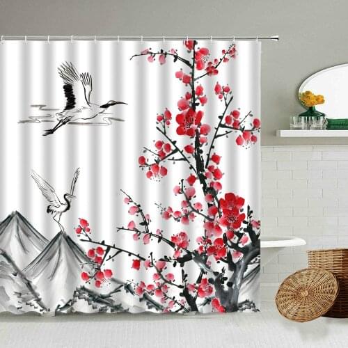 Chinese Style Ink painting Flower Bird Red Plum Blossom Branch Pattern Shower Curtain Bathroom Decoration Waterproof Screen Set